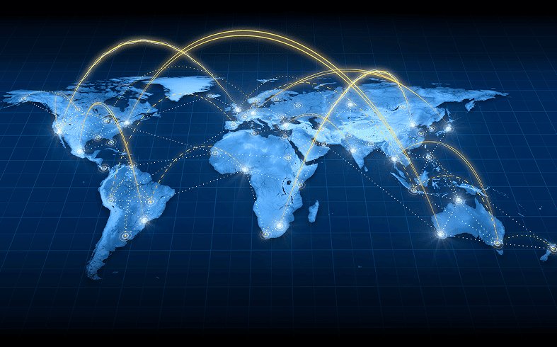 Global network connections across illuminated world map